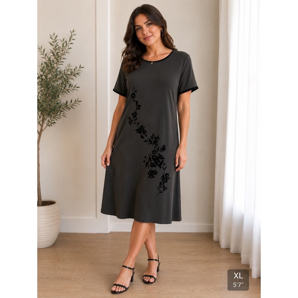 Fenn Wright & Manson Velvet Trim Floral Sequin Midi Dress Charcoal Brown XL